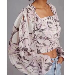 NEW By Anthropologie Sheer Peasant Long Sleeve Mock Layer Top Purple Motif LARGE